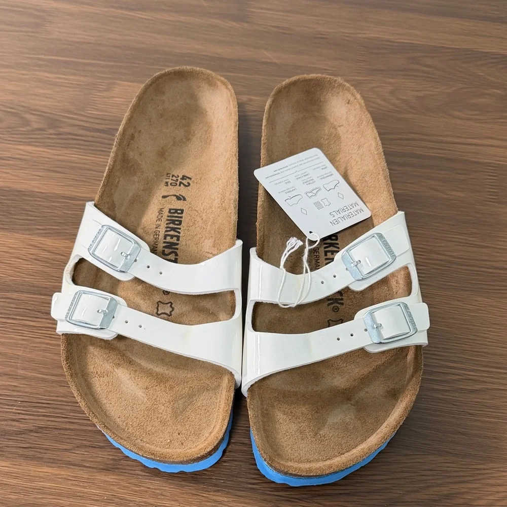 Birkenstock Women’s White‎ Sandals with Blue Outsole